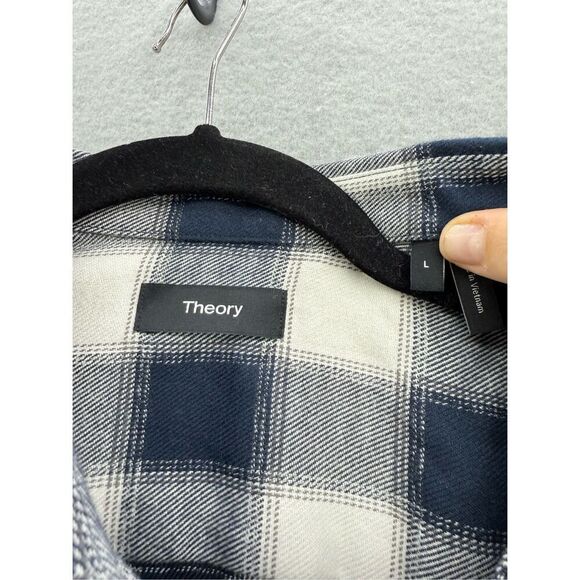 Theory Mens Blue White Check Flannel Long Sleeve Button Up Shirt Size Large - Picture 2 of 7